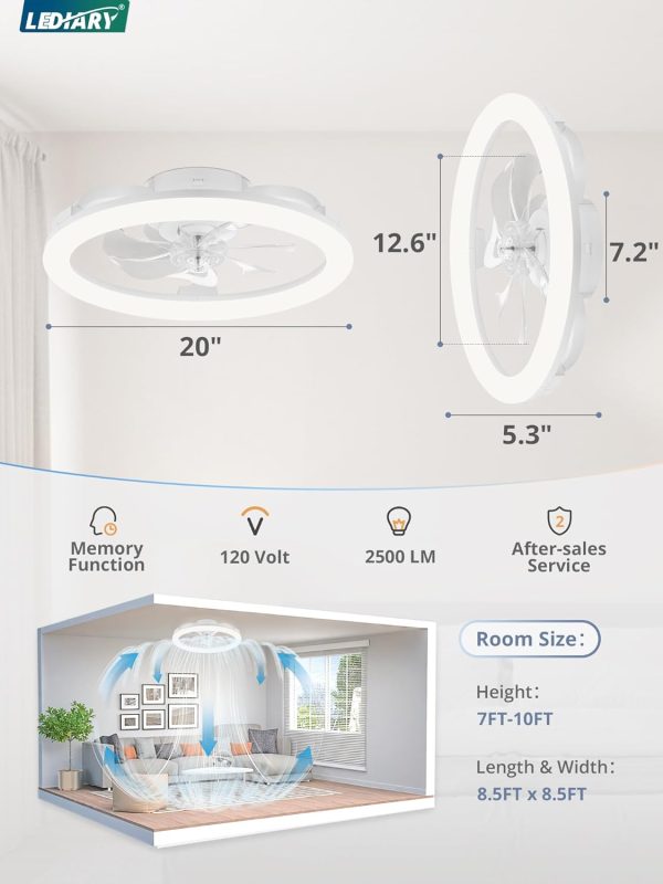 windphoto 20" Ceiling Fans with Lights and Remote for Bedroom, White | Low Profile Fan Light, 3000K-6000K Stepless Dimmable Fandelier, 6 Speed, Reversible DC Motor, APP & Remote Control, Low Noice