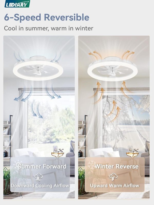 windphoto 20" Ceiling Fans with Lights and Remote for Bedroom, White | Low Profile Fan Light, 3000K-6000K Stepless Dimmable Fandelier, 6 Speed, Reversible DC Motor, APP & Remote Control, Low Noice