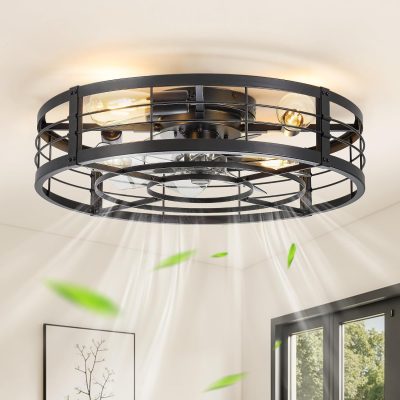 71O0-ccbwxL._AC_SL1500_.jpg windphoto 23" Black Caged Low Profile Ceiling Fan with Light and Remote | Flush Mount, Bladeless Enclosed Fandelier, 6 Speed, Quiet Powerful DC, Rustic,Farmhouse, Small, Bedroom, Kitchen, Indoor