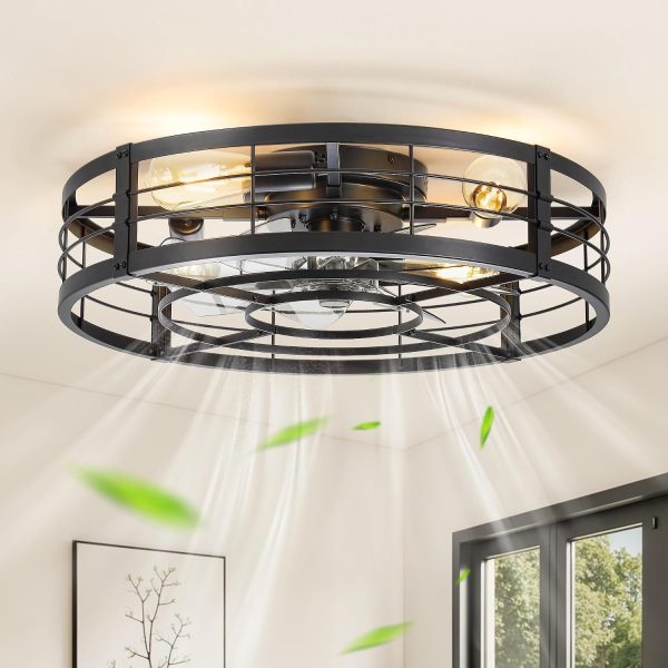 71O0-ccbwxL._AC_SL1500_.jpg windphoto 23" Black Caged Low Profile Ceiling Fan with Light and Remote | Flush Mount, Bladeless Enclosed Fandelier, 6 Speed, Quiet Powerful DC, Rustic,Farmhouse, Small, Bedroom, Kitchen, Indoor