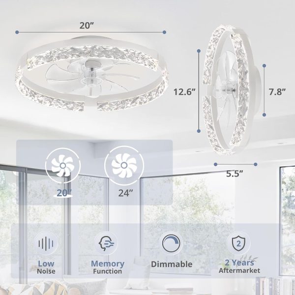 windphoto 2 Pack 20" Modern Ceiling Fans with Lights and Remote, White | Fandelier, Dimmable Low Profile, Flush Mount, Stepless Color Temperature Change, 6 Speeds, Bedroom, Living Room, Kitchen