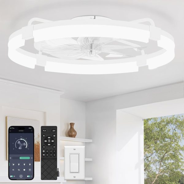 windphoto 24" Ceiling Fans with Lights, Low Profile Fandelier for Bedroom | Flush Mount Fan Light, Stepless Dimmable, App/Remote Control, 3 CCT Led, 6 Speeds, Quiet Reversible DC Motor, White