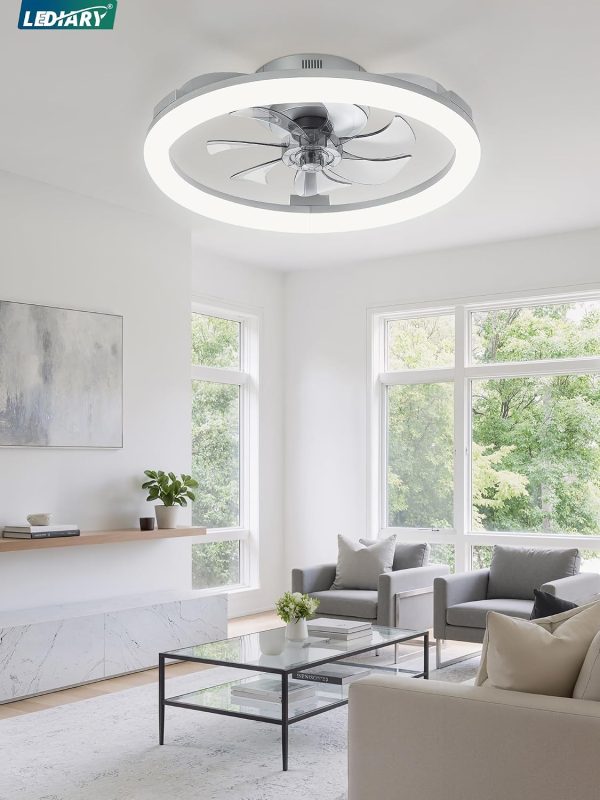 windphoto 20" Ceiling Fans with Lights and Remote for Bedroom, Grey | Low Profile Fan Light, 3000K-6000K Stepless Dimmable Fandelier, 6 Speed, Reversible DC Motor, APP & Remote Control, Low Noice