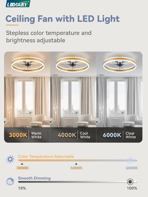 71OkeH1YTVL._AC_SL1500_.jpg windphoto 19.7'' Modern Low Profile Ceiling Fans with Lights and Remote,Gold | 3000-6000K Dimmable LED, 6 Wind Speeds, Quiet Reversible DC Motor, Small Flush Mount Fandelier for Bedroom, Living Room