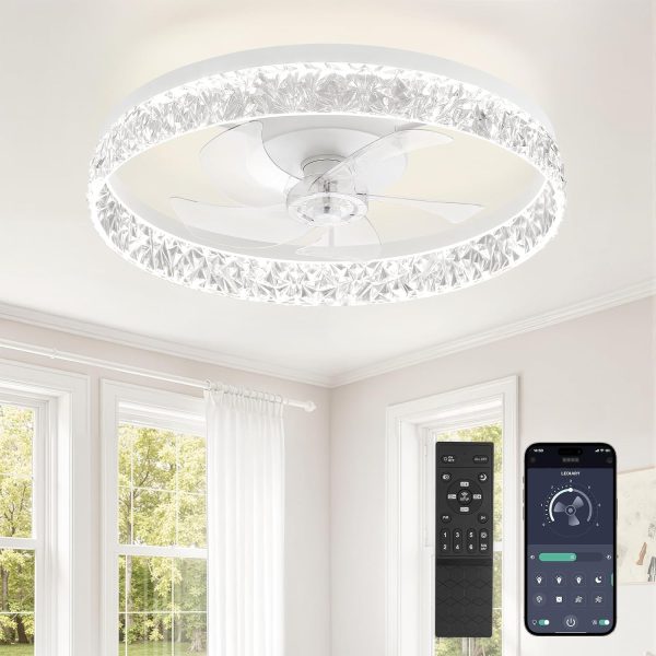windphoto 22" Low Profile Ceiling Fans with Lights, APP & Remote, White | Flush Mount, Fandelier, 3000K-6000K, Dimmable LED, for Bedroom
