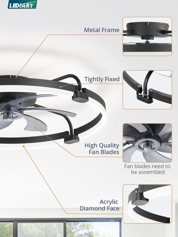 windphoto 26" Ceiling Fans with Lights and Remote, Low Profile Led Fan Light | Flush Mount, Stepless Dimmable Fandelier, 6 Speeds, 3 CCT, Quiet Reversible DC Motor, 2H Timer, Bedroom, Living Room, Black