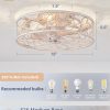 windphoto Caged Ceiling Fan with Light, Flush Mount Fandalier with Remote | Low Profile, Farmhouse Small, Bladeless Industrial, Quiet DC Motor, App Control for Bedroom, Kitchen, Dining Room, White Gold