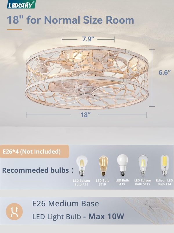windphoto Caged Ceiling Fan with Light, Flush Mount Fandalier with Remote | Low Profile, Farmhouse Small, Bladeless Industrial, Quiet DC Motor, App Control for Bedroom, Kitchen, Dining Room, White Gold