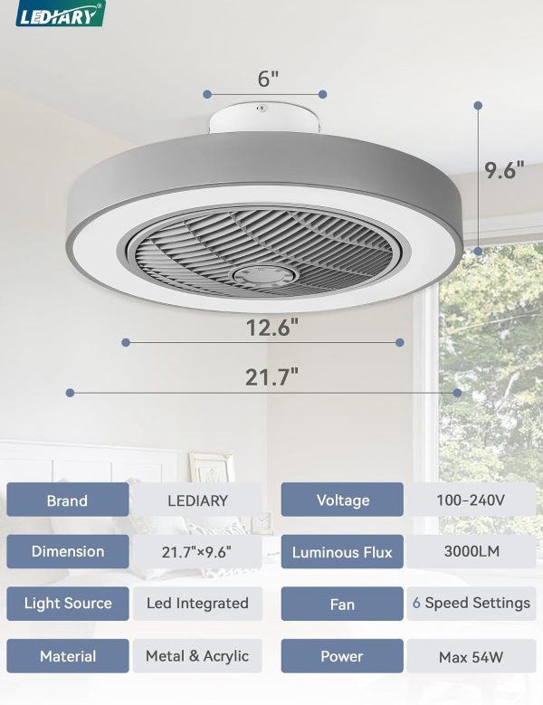 windphoto 22in Bladeless Enclosed LED Ceiling Fan Light with Remote, Grey | Flush Mount, Modern, 6 Speed Adjustable, 3000-6000K Dimmable, 3000LM, Indoor Bedroom Living Room, Remote/APP Control