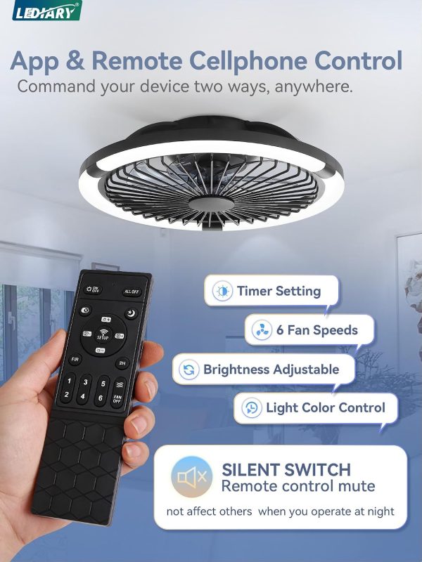 windphoto 20" Low Profile Bladeless Ceiling Fan with Light, Remote&APP, Black | Flush Mount, 6 Speed Adjustable, 3000-6000K Dimmable LED, Modern Enclosed Fandelier with Timming, Bedroom, Kids Room