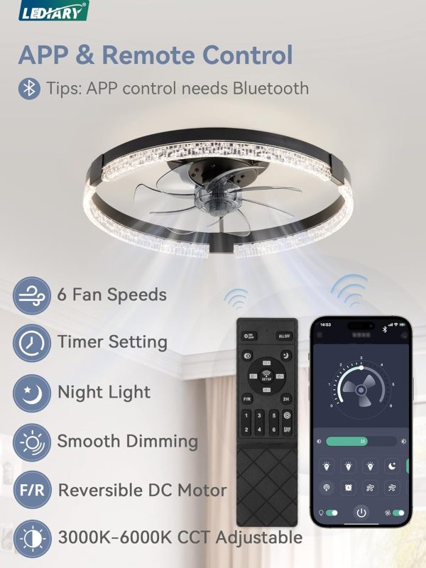 71PfAuSEZ8L._AC_SL1500_.jpg windphoto 19.7" Low Profile Ceiling Fans with Lights, APP & Remote, Black | Flush Mount, Dimmable LED, Quiet DC Motor, Reversible, 6 Speeds, Fandelier, for Bedroom