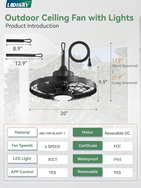 windphoto 20" Outdoor IP65 Waterproof Plug in Ceiling Fan with Lights | 6 Speeds,3CCT,Quiet,Timer,Remote Control,Smart App,DC motor,Reversible,Caged Design,ABS Material,Gazebo,Patio,Porch,Pergola
