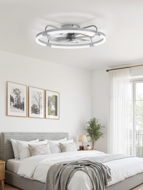 windphoto 24" Ceiling Fans with Lights and Remote, Low Profile Led Fan Light | Flush Mount, Stepless Dimmable Fandelier, 6 Speeds, 3 CCT, Quiet Reversible DC Motor, 2H Timer, Bedroom, Living Room, Grey