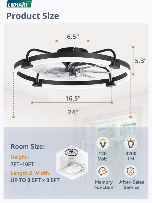 71PzYVM5NEL._AC_SL1500_.jpg windphoto 2 Pack 24" Ceiling Fans with Lights and Remote, Low Profile | Flush Mount, Stepless Dimmable Fandelier, 6 Speeds, 3 CCT, Quiet Reversible DC Motor, 2H Timer, Bedroom, Living Room, Black