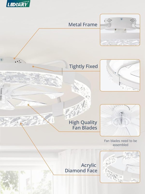 windphoto 24" Low Profile Ceiling Fans with Lights, APP & Remote, White | Flush Mount, Fandelier, 3000K-6000K, Dimmable LED, for Bedroom