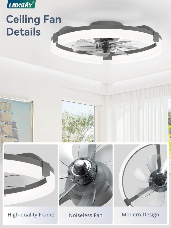 windphoto 20" Ceiling Fans with Lights, Low Profile Fandelier for Bedroom | Flush Mount Fan Light, Stepless Dimmable, App/Remote Control, 3 CCT Led, 6 Speeds, Quiet Reversible DC Motor, Grey
