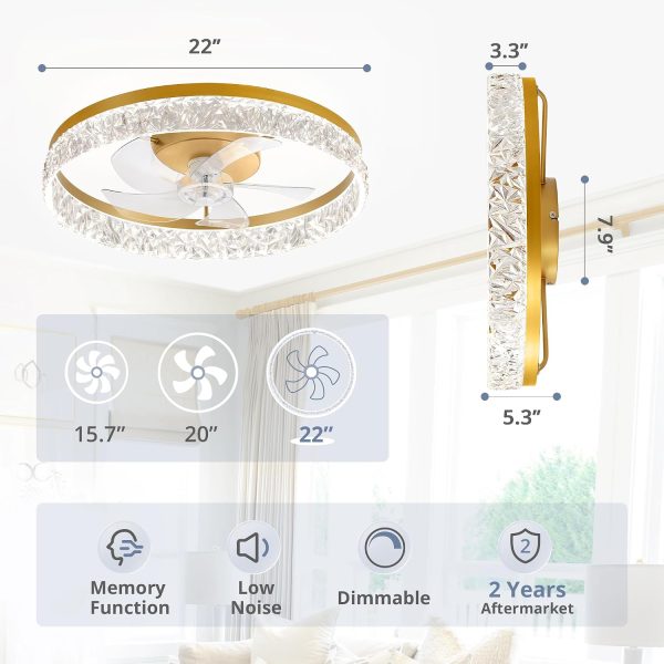 71QKwRoOUPL._AC_SL1500_.jpg windphoto 22" Ceiling Fans with Lights and Remote, Fandelier Gold | 3CCT, 6 Speeds, Dimmable Low Profile, Flush Mount Ceiling Fan, Timer, Reversible, Memory, Bedroom, Living Room, Kitchen