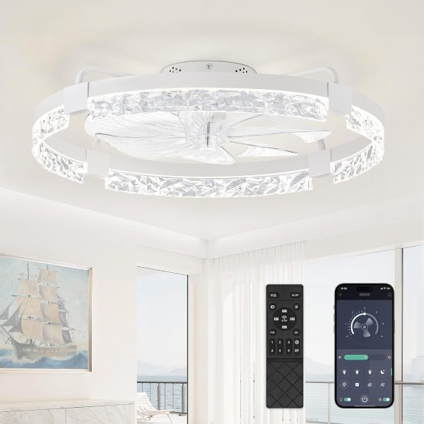 windphoto 24" Low Profile Ceiling Fans with Lights, APP & Remote, White | Flush Mount, Fandelier, 3000K-6000K, Dimmable LED, for Bedroom