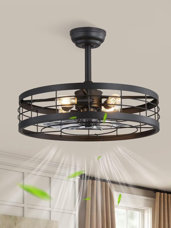 71QX20jvqGL._AC_SL1500_.jpg windphoto 22 inch Farmhouse Caged Ceiling Fan Light with Remote, Black | 6 Speed Adjustable,Timing, Quiet & Powerful DC, Large, Farmhouse, Industrial, Enclosed, Bladeless, Bedroom, Kitchen, Downrod