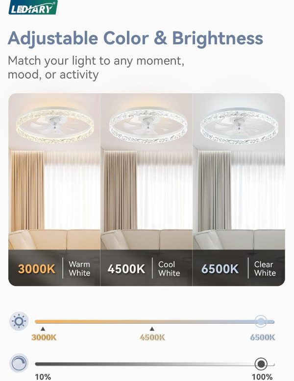 71QdmZeDVuL._AC_SL1500_.jpg windphoto 20" Modern Ceiling Fans with Lights and Remote, White Fandelier | Dimmable Low Profile, Flush Mount Ceiling Fan, Stepless Color Temperature Change, 6 Speeds, Bedroom, Living Room, Kitchen