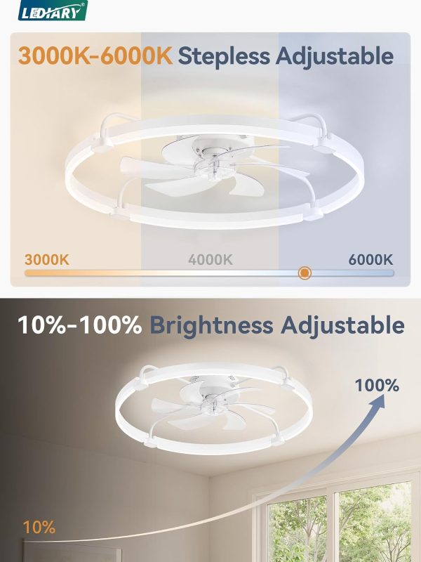 windphoto 30" Ceiling Fans with Lights and Remote, Low Profile Led Fan Light | Flush Mount, Stepless Dimmable Fandelier, 6 Speeds, 3 CCT, Quiet Reversible DC Motor, 2H Timer, Bedroom, Living Room, White