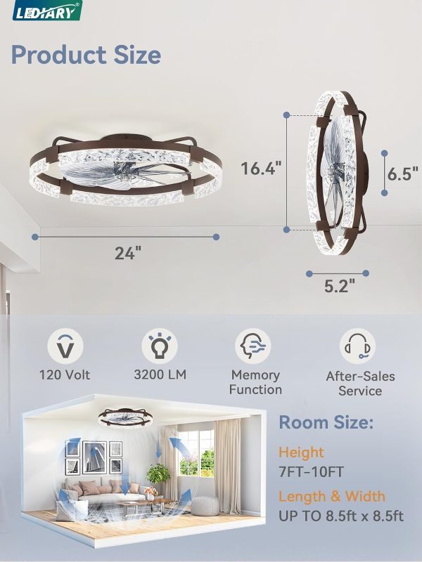windphoto 2-Pack 24" Ceiling Fans with Lights, APP & Remote, Brown | Low Profile, Flush Mount, Fandelier, 3000K-6000K, Dimmable LED, for Bedroom