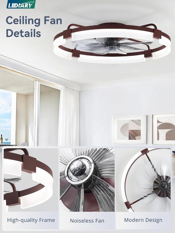windphoto 24" Ceiling Fans with Lights, Low Profile Fandelier for Bedroom | Flush Mount Fan Light, Stepless Dimmable, App/Remote Control, 3 CCT Led, 6 Speeds, Quiet Reversible DC Motor, Brown