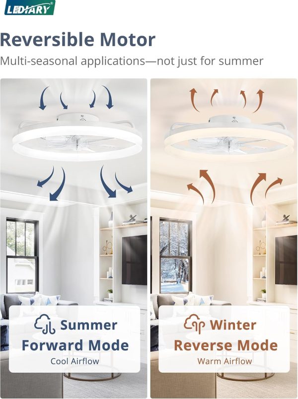 windphoto 20" Low Profile Ceiling Fans with Lights, APP & Remote, White | Flush Mount, Dimmable LED, Quiet DC Motor, Reversible, 6 Speeds, Fandelier, for Bedroom