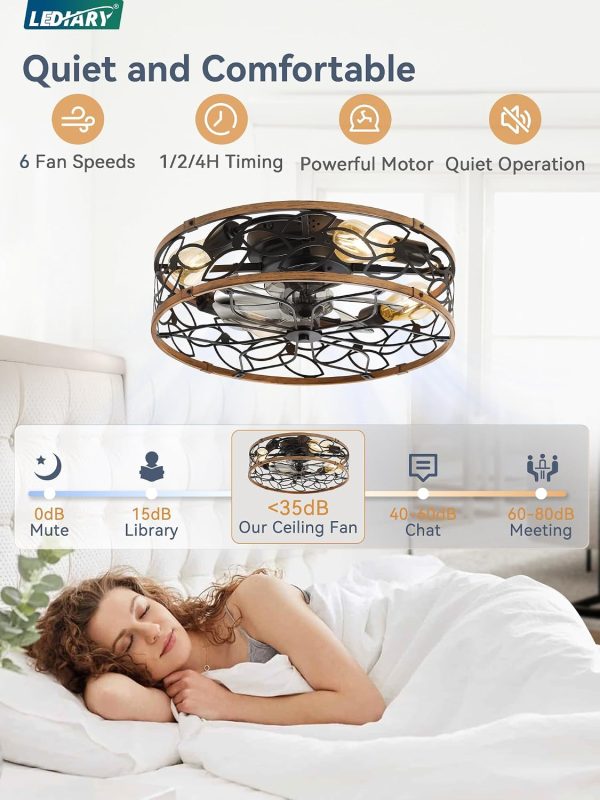 71R-dEVjkL._AC_SL1500_.jpg windphoto 20" Caged Ceiling Fan with Light, Flush Mount Fandalier with Remote | Low Profile, Farmhouse Small, Bladeless Industrial, Quiet DC Motor, App Control for Bedroom, Kitchen, Dining Room, Walnut