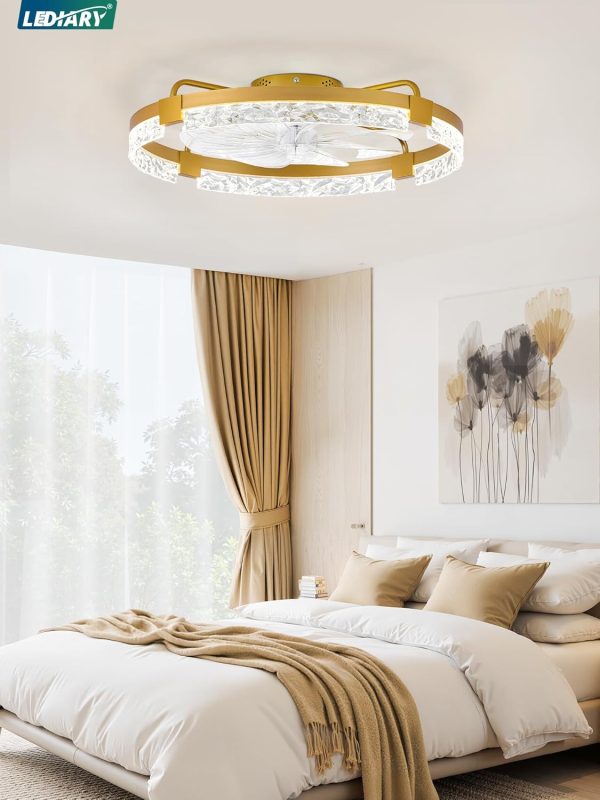 windphoto 24" Low Profile Ceiling Fans with Lights, APP & Remote, Gold | Flush Mount, Fandelier, 3000K-6000K, Dimmable LED, for Bedroom