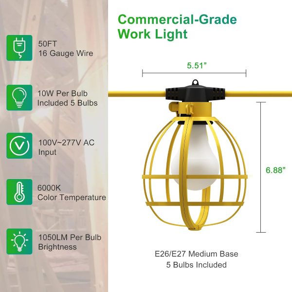 windphoto 50FT Construction String Lights, 5 Bulbs 50W 5250LM Work Lights | with 5 Medium Base Sockets, Linkable Construction Lights, Weatherproof Commercial-Grade Temporary Lighting for Indoor&Outdoor