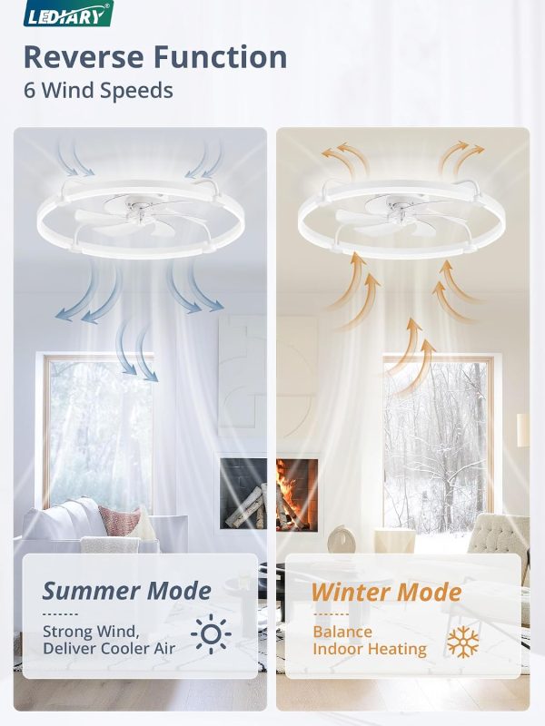 windphoto 30" Ceiling Fans with Lights and Remote, Low Profile Led Fan Light | Flush Mount, Stepless Dimmable Fandelier, 6 Speeds, 3 CCT, Quiet Reversible DC Motor, 2H Timer, Bedroom, Living Room, White