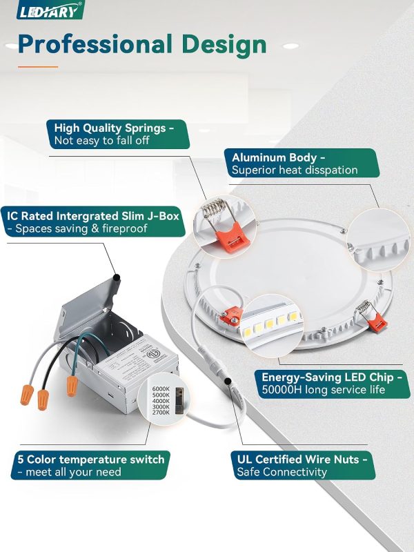 71RDoR4mC2L._AC_SL1500_.jpg windphoto 5CCT 12 Pack Ultra Thin LED Recessed Lighting 8 Inch Slim Selectable 2700K-6000K, Smooth Dimmable, High Brightness 1900 LM, 18W Eqv 180W Canless LED Downlight with Jbox, IC Rated, ETL