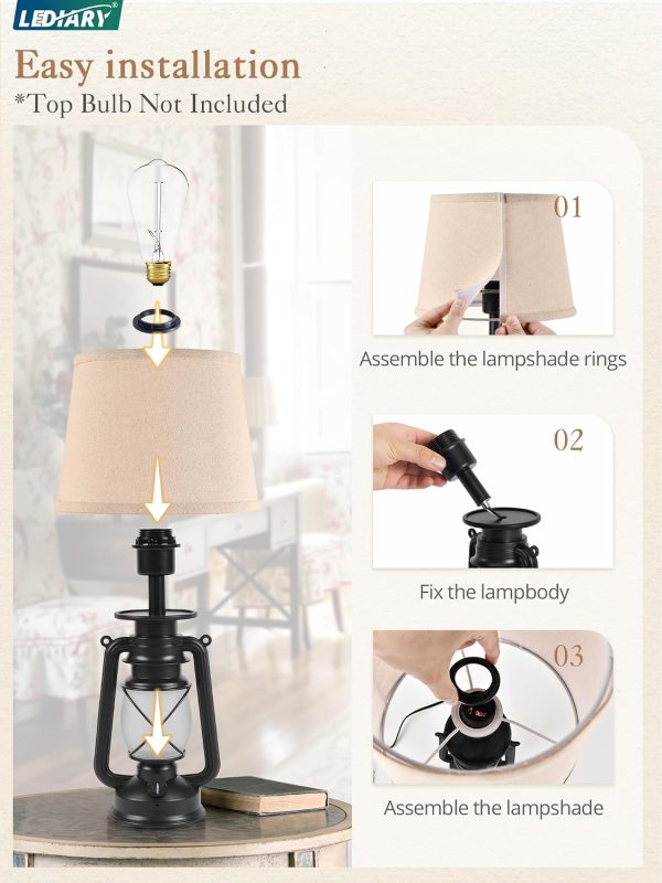 windphoto 18.72" Blow-Controlled LED Lantern Flickering Flame Table Lamps for Bedrooms Set of 2, Small Farmhouse Rustic Black End Table Lamps, Halloween Decorative Lantern Bedside Lamps for Living Room