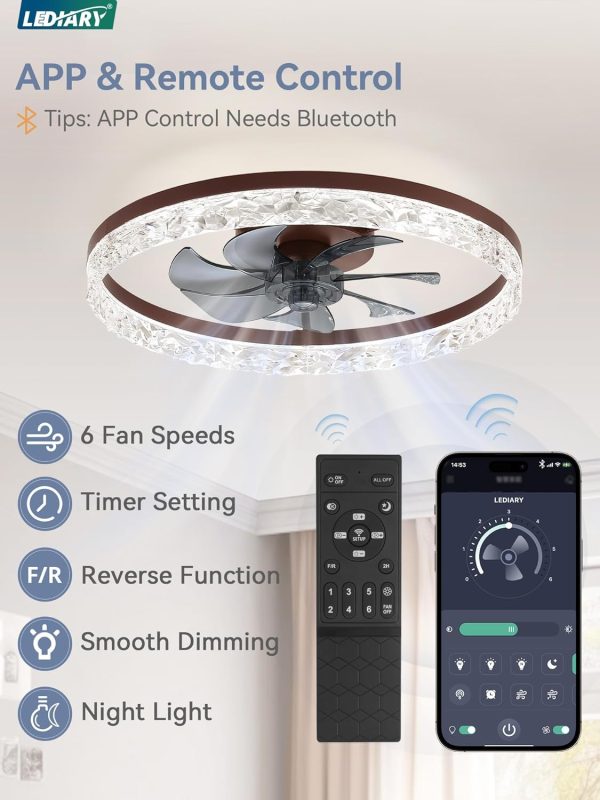 windphoto 20" Modern Ceiling Fans with Lights and Remote, Dimmable Low Profile Ceiling Fan, Flush Mount Ceiling Fan, Stepless Color Temperature Change and 6 Speeds - Brown | Fandelier, Dimmable Low Profile, Flush Mount, Stepless Color Temperature Change, 6 Speeds, Bedroom, Living Room, Kitchen