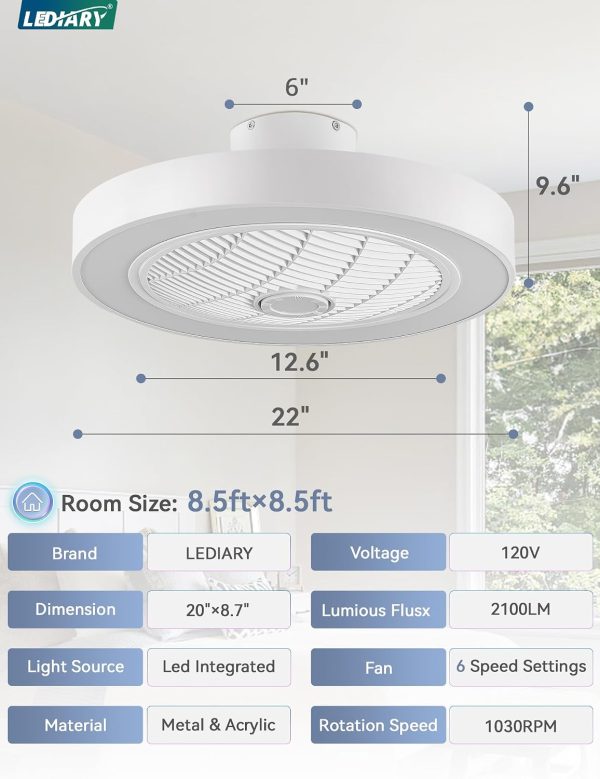 71S2WMdz0L._AC_SL1500_.jpg windphoto 22 Inch Low Profile Bladeless LED Ceiling Fan Light, White RGB | Flush Mount, Modern, 6 Speed Adjustable, 3000-6000K Dimmable, 3000LM, Indoor Bedroom Living Room, Remote/APP Control
