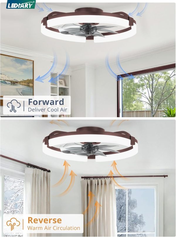 windphoto 20" Ceiling Fans with Lights, Low Profile Fandelier for Bedroom | Flush Mount Fan Light, Stepless Dimmable, App/Remote Control, 3 CCT Led, 6 Speeds, Quiet Reversible DC Motor, Brown