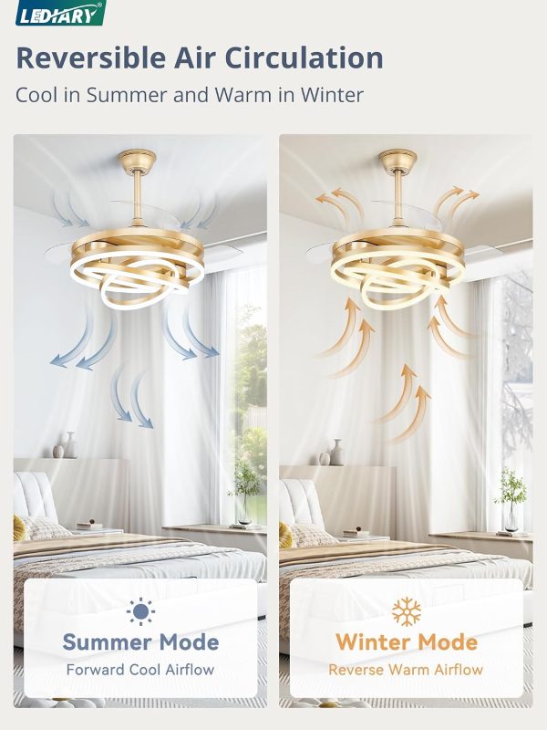 windphoto 42 Inch Retractable Ceiling Fan with Lights, Modern Gold Fandelier | 6 Speeds, 3000K-6000K Adjustable, DC Motor, Chandelier Ceiling Fans with Lights and Remote for Bedroom Living Room