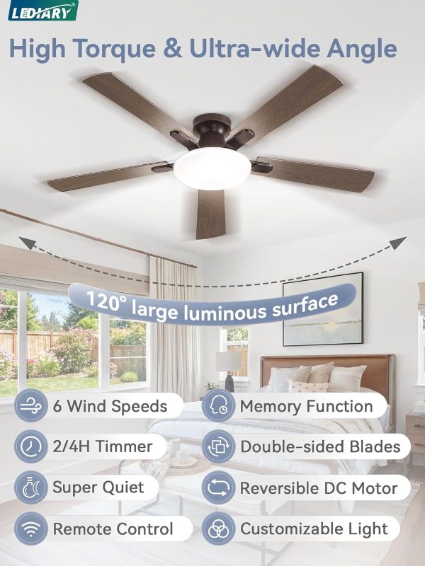 52 Inch Ceiling Fan with Lights and Remote, 30W 12" LED Panel Flush Mount Ceiling Fan, 6-Speed Quiet DC Motor Modern Low Profile Ceiling Fan with Reversible Blades for Bedroom, Living Room, Patio