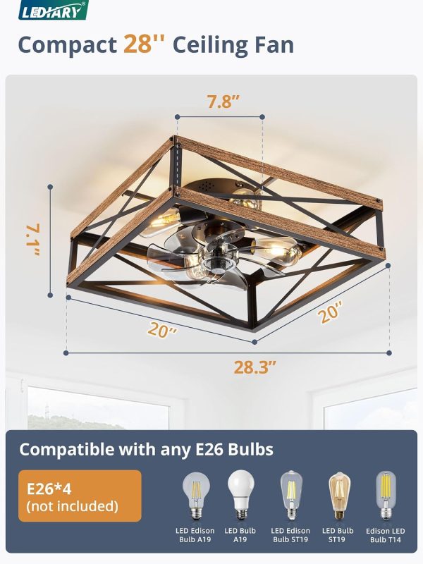 windphoto 20" Caged Flush Mount Square Ceiling Fans with Lights and Remote | 6 Speed and Reversible DC Motor, Small Farmhouse Rustic, Low Profile, for Bedroom, Kitchen, Dining Room