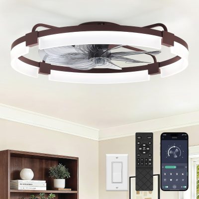 windphoto 24" Ceiling Fans with Lights, Low Profile Fandelier for Bedroom | Flush Mount Fan Light, Stepless Dimmable, App/Remote Control, 3 CCT Led, 6 Speeds, Quiet Reversible DC Motor, Brown