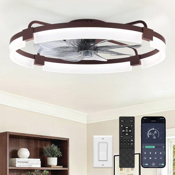 windphoto 24" Ceiling Fans with Lights, Low Profile Fandelier for Bedroom | Flush Mount Fan Light, Stepless Dimmable, App/Remote Control, 3 CCT Led, 6 Speeds, Quiet Reversible DC Motor, Brown