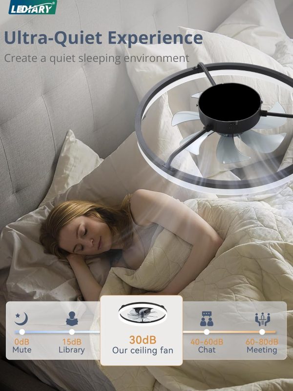 windphoto 20" Low Profile Ceiling Fans with Lights, APP & Remote, Black | Flush Mount, Dimmable LED, Quiet DC Motor, Reversible, 6 Speeds, Fandelier, for Bedroom