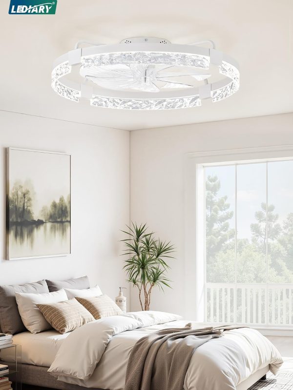 windphoto 24" Low Profile Ceiling Fans with Lights, APP & Remote, White | Flush Mount, Fandelier, 3000K-6000K, Dimmable LED, for Bedroom