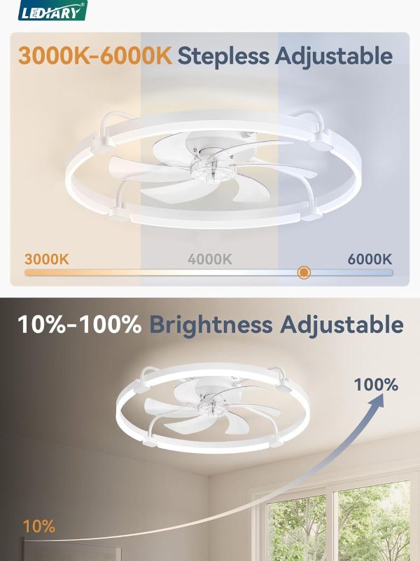 windphoto 26" Ceiling Fans with Lights and Remote, Low Profile Led Fan Light | Flush Mount, Stepless Dimmable Fandelier, 6 Speeds, 3 CCT, Quiet Reversible DC Motor, 2H Timer, Bedroom, Living Room, White