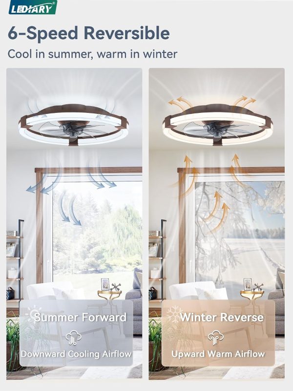windphoto Ceiling Fan with Light 20" Low Profile Fandelier with Remote Brown | 6 Speeds, Reversible, Dimmable Flush Mount Fan Light, Modern Ceiling Fan with Lights for Bedroom Bladeless