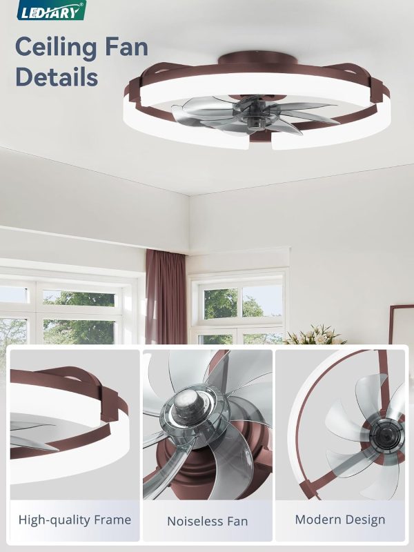 windphoto 20" Ceiling Fans with Lights, Low Profile Fandelier for Bedroom | Flush Mount Fan Light, Stepless Dimmable, App/Remote Control, 3 CCT Led, 6 Speeds, Quiet Reversible DC Motor, Brown