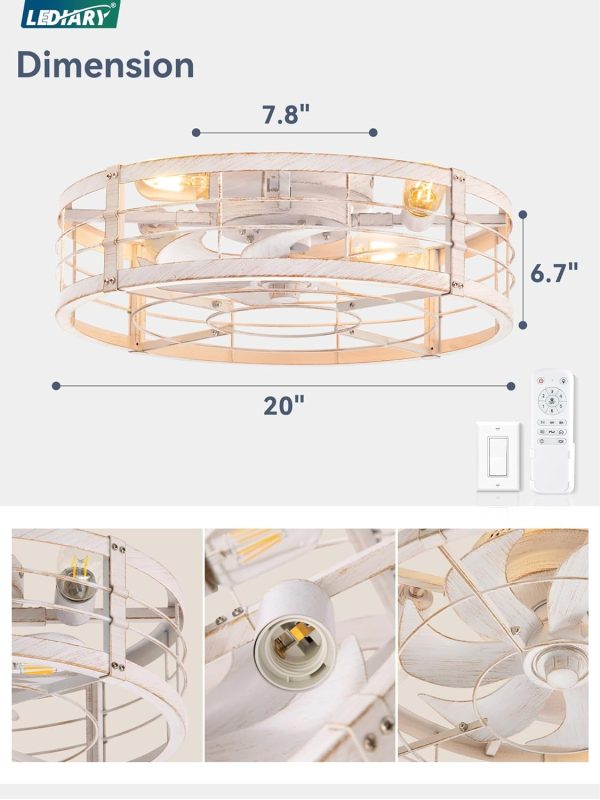 71Thm8mrGsL._AC_SL1500_.jpg windphoto 20" White Gold Caged Low Profile Ceiling Fan with Light and Remote | Flush Mount, Bladeless Enclosed Fandelier, 6 Speed, Quiet Powerful DC, Rustic,Farmhouse, Small, Bedroom, Kitchen, Indoor