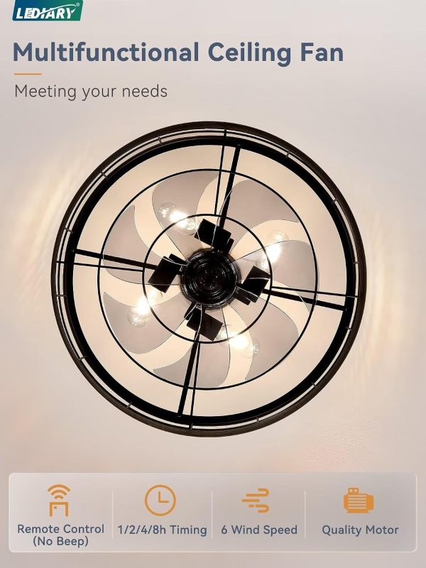 windphoto 22 inch Caged Fandelier Ceiling Fan Light with Remote, Brown | 6 Speed Adjustable,Timing, Quiet & Powerful DC, Large, Farmhouse, Industrial, Enclosed, Bladeless, Bedroom, Kitchen, Downrod