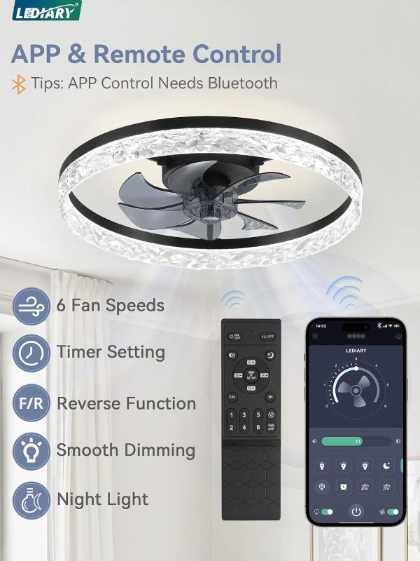71ULO7VhiL._AC_SL1500_.jpg windphoto 20" Modern Ceiling Fans with Lights and Remote, Black Fandelier | Dimmable Low Profile, Flush Mount Ceiling Fan, Stepless Color Temperature Change, 6 Speeds, Bedroom, Living Room, Kitchen